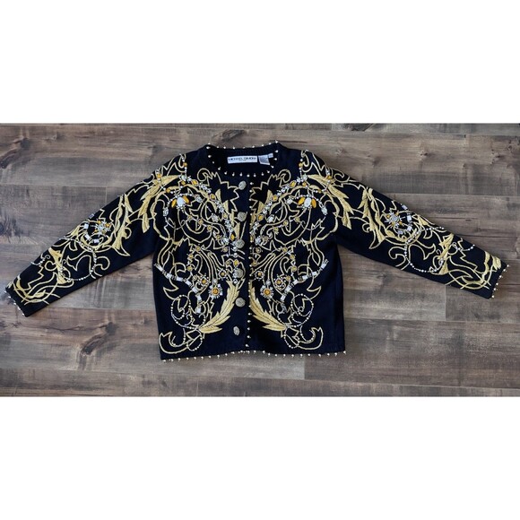 Vintage Michael Simon Black Gold Beaded Embroidered Sweater Cardigan Size 1 S/M - Picture 2 of 11